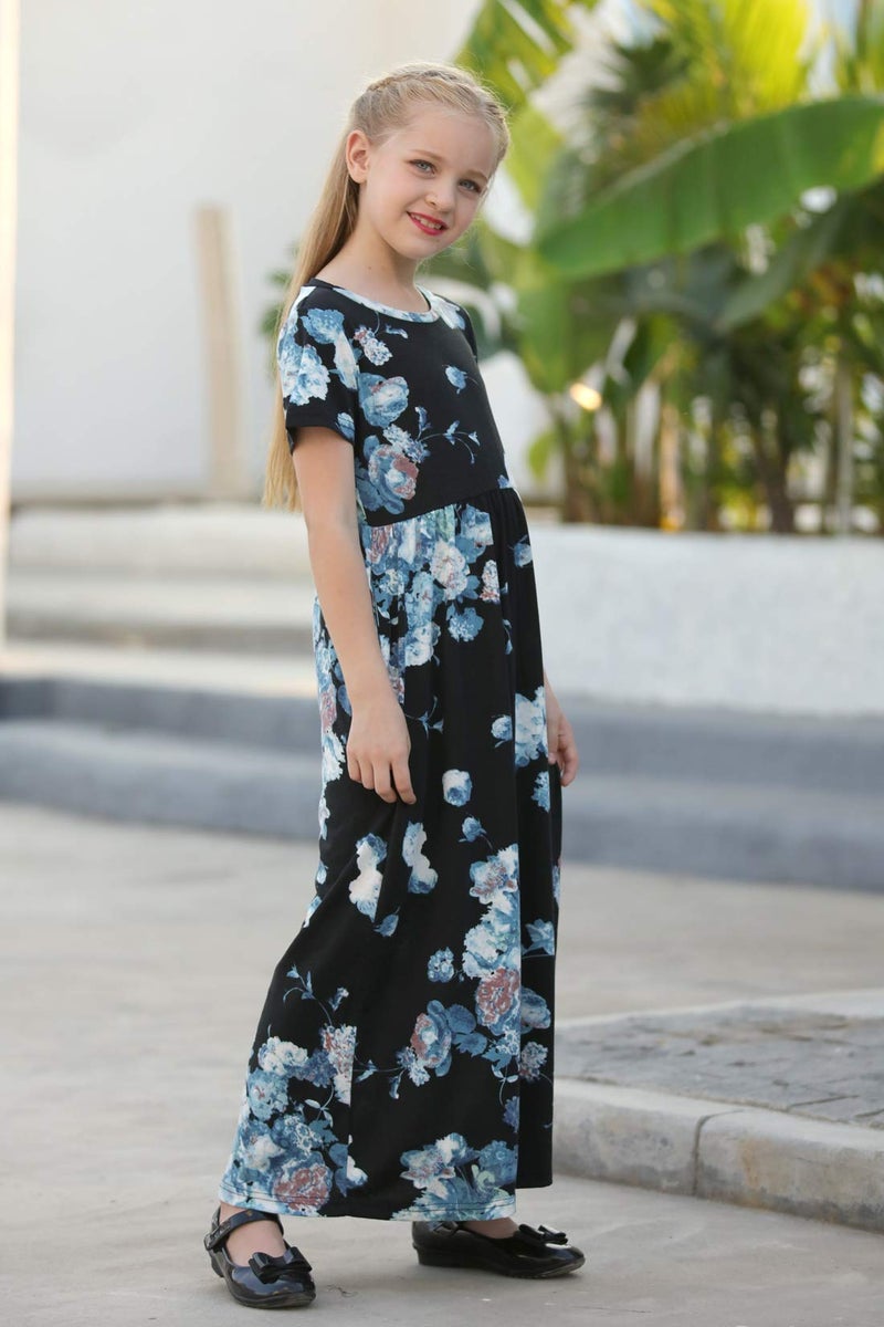 GORLYA Girl's Short Sleeve Floral Print Loose Casual Long Maxi Dress with Pockets (8Years/Height:130cm, Blue Print) - Image 3